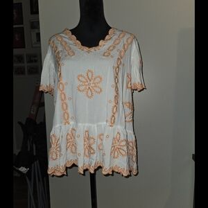 Cato White and Cream Ruffled Embellished Blouse